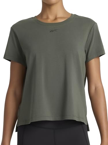 Reebok Women’s Embroidery Hit Graphic Crewneck T-Shirt, Standard Fit, Lightweight Stretch Cotton Fabric, Grit Green, Large