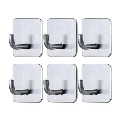 Image of Self Adhesive Hooks, 6 PCS Heavy Duty Stainless Steel Waterproof Towel Hooks Stick on Hooks Wall Hangers Sticky Hooks for Hanging Bathroom Kitchen Home