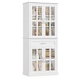 FOTOSOK 71'' Tall Kitchen Cabinet with Glass Doors and Drawer, Freestanding Food Pantry with Adjustable Shelves for Dining Living Room, White