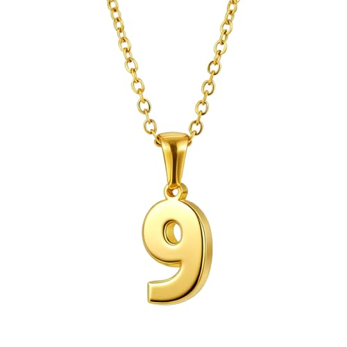LULUQIFA 18K Gold Plated Number Pendant Necklace for Women Men Tiny Personalized Charms Choker Stainless Steel Chain Dainty Lucky Jewelry for Birthday Sports Gifts (9)