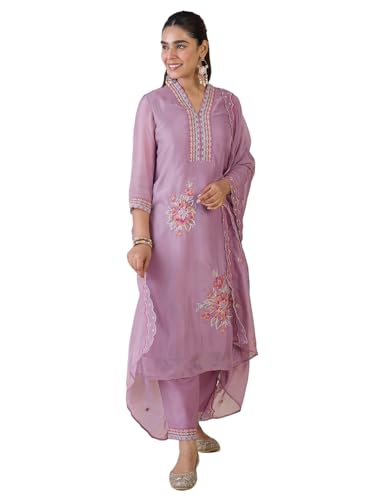 Image of INDO ERA Women's Straight Organza Floral Embroidered Kurta & Pant with Dupatta Set (IESTR9806)