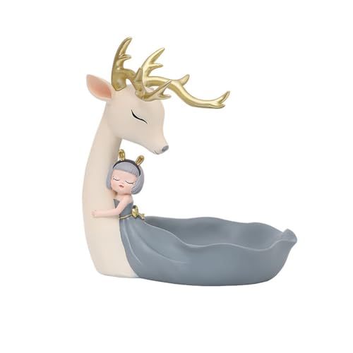 Gaxcent Vassoio Portaoggetti in Resina Animale Portachiavi Decorazione da Tavolo Alce E Ragazza Spuntino Piatto da Portata Piatto da Portata Essiccato Decorativo,Grigio