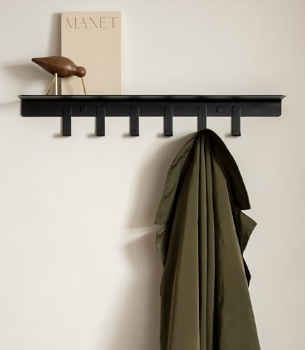 Kazai. Porte manteau mural 'Holmsen' | Crochet mural avec étagère design moderne | Patère murale en métal | Porte-manteau pour entrée | Noir