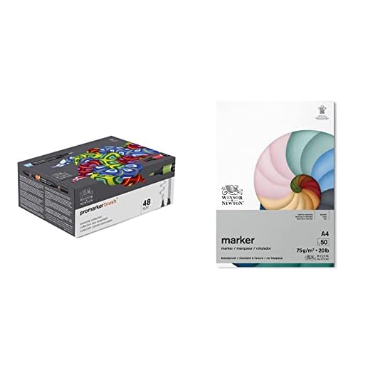 Winsor & Newton Promarker Brush, Set de 48 Rotuladores de Alcohol, Doble Punta, Punta Pincel, Colección Colores Esenciales + Bloc Papel rotuladores, Blanco, DIN A4