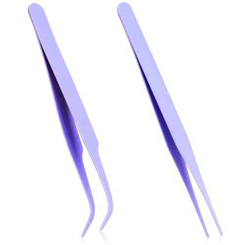 Lash Tweezers,2 Pcs Stainless Steel Eyelash Tweezers Kit Straight and Curved Tip Tweezers Pointed...