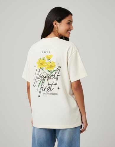 Image of Oversized Cotton T-Shirt for Women Half Sleeve - Love Yourself First Printed Tee - Breathable Loose Fit Motivational Casual Wear for College and Daily Outfits