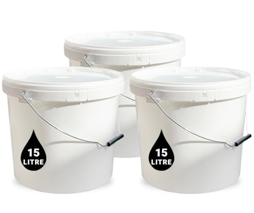 3 x 15L Plastic Bucket Pail + Handle & Lid - Heavy Duty ¦ Food Grade BPA Free ¦ Multi-use Fermentation Feed Dry Food Liquid Chemicals Hydroponics Storage Container WHITE