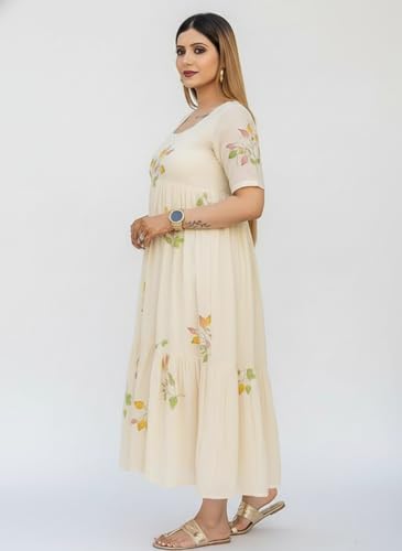 Image of Women's Cotton Printed Fit & Flare Midi Dress with Round Neck - Casual Wear Dress