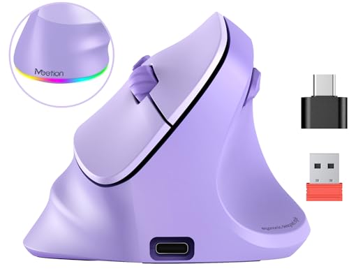 Image of MEETION Ergonomic Wireless Mouse, Bluetooth Vertical Mouse with RGB, Purple | Bluetooth 5.2 /3.0 and USB-A, Comfortable vertical design, 4 adjustable DPI levels for Mac, Windows, Android, PC and tablets