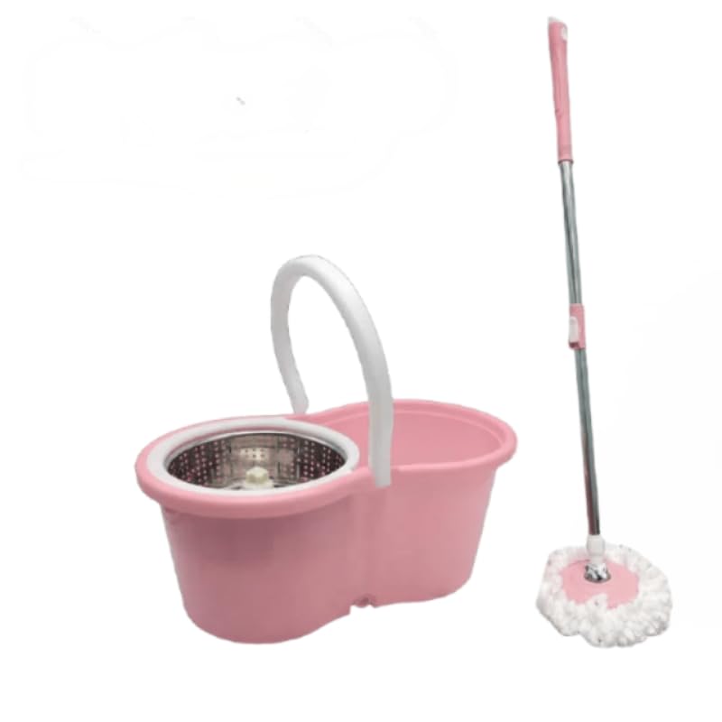 Universal Spin Mop and Bucket System with Stainless Steel Wringer - Heavy-Duty Floor Cleaning Kit Includes 4 Microfiber Mop Head Refills and Extendable Handle Pink and White Single Pack