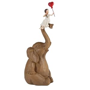 Elephant Statue Home Decor – Girl with Love Balloon Sitting on Elephant Figurine, Hand Heart Sculpture (Brown)