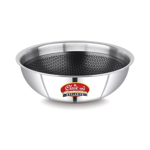 Image of Classic Steels Hexa Comb Triply Tasla Without Lid - 1.5 LTR (20cm) | Stainless Steel Deep Kadhai | Gas & Induction Compatible | Silver Cookware for Indian Cooking | 2.5mm Thickness
