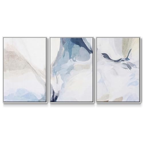Renditions Gallery Abstract Wall Art White Blue Fresh Air Painting Modern Artwork Canvas Prints Wall Decorations for Bedroom and Bathroom-White Floater Frame-16”x24”x3 Panels, LS015