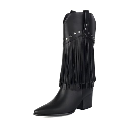 Women Studded Fringe Mid Calf Boots Western Cowboy Cowgirl Tassels Chunky Block Heel Pointed Toe Leather Tall Boots