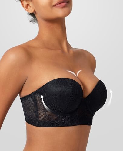 Image of Strapless Push Up Bra for Women Padded Underwire Support Convertible Lace Longline Bombshell Bras