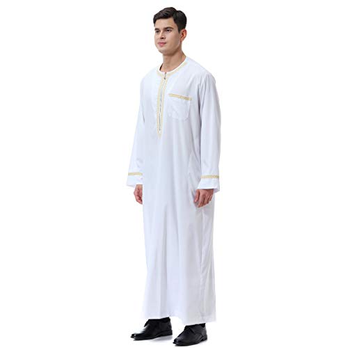 PURFUN Men's Muslim Clothes Durable Kaftan Robe Round Collar Long Sleeve Islamic Thobe Dubai Long Gown Arab Wear4