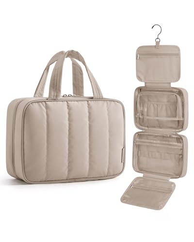 BAGSMART Travel Toiletry Bag for women, Portable Hanging Hook Makeup Bag Organizer, Waterproof Makeup Cosmetic Bag, for Full-Size Accessories, Toiletries, Camel