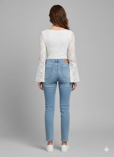 Image of Women's White Lace Top with Bell Sleeves | Square Neck Fitted Blouse | Elegant Long Sleeve Floral Lace Top for Casual Wear, Party, Date Night & Going Out