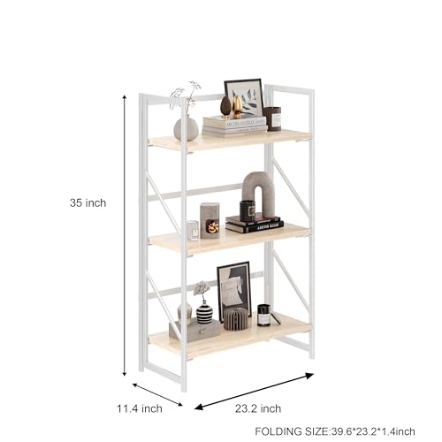 Image of JSB 3 Tier No Assembly Folding Bookshelf, Industrial Metal Book Shelf for Storage, Vintage Wood Foldable Bookcase for Living Room, Bedroom, Office Organization Shelves