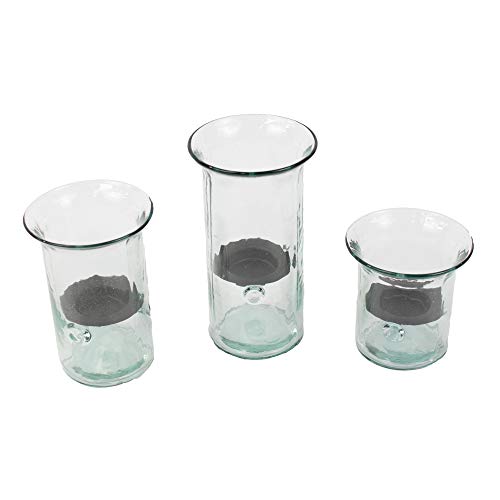 Recycled Glass Hurricane Votive Candle Holder Set Three Rustic Metal Insert