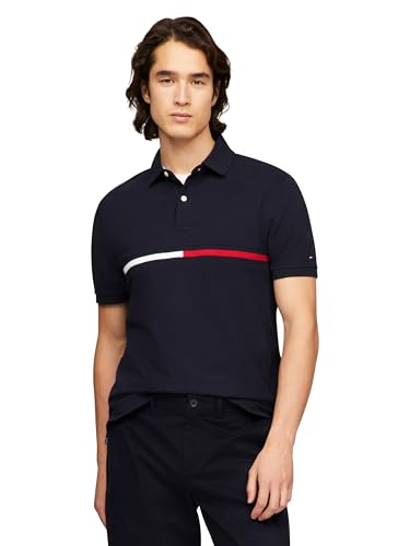 Image of Tommy Hilfiger Men's Short Sleeve Cotton Pique Flag Graphic Polo Shirt in Custom Fit