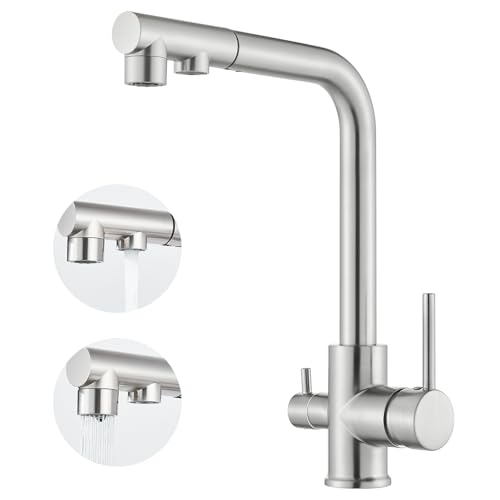 HARNART 3 Wege Wasserhahn Küche, 360° Drehbar Küchenarmatur, 3 in 1 Mischbatterie für Wasserfilter, Trinkwasserhahn mit 2 Hebel, Drei Wege Armatur Küche aus Edelstahl, Geburstet