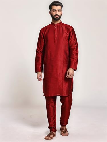 Image of SKAVIJ Men's Art Silk Solid Kurta Pyjama Set Festive Woven Design 2-Piece Ethnic Dress (KP055red Red L)