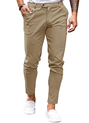 Image of Mens Chinos Slim Fit Pants Stretch Tapered Dress Pant Casual Trousers | Skinny Slacks, Flat Front Design, Stretch Cotton Fabric, Solid or Plaid, Work Dress Pants, Business Casual Wear