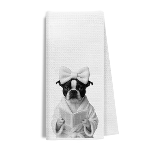 EKGJW Funny Boston Terrier Reading Dish Towels – Dog Lover Gifts for Women, Bookish Mom Hand Towels for Bathroom, 16x24 Inch