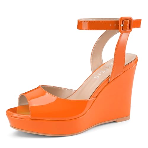 Image of Women's Dressy Platform Wedge Sandals Gold Wedges Peep Toe Patent High Heels Slingback Heeled Comfortable Ankle Strap Shoes