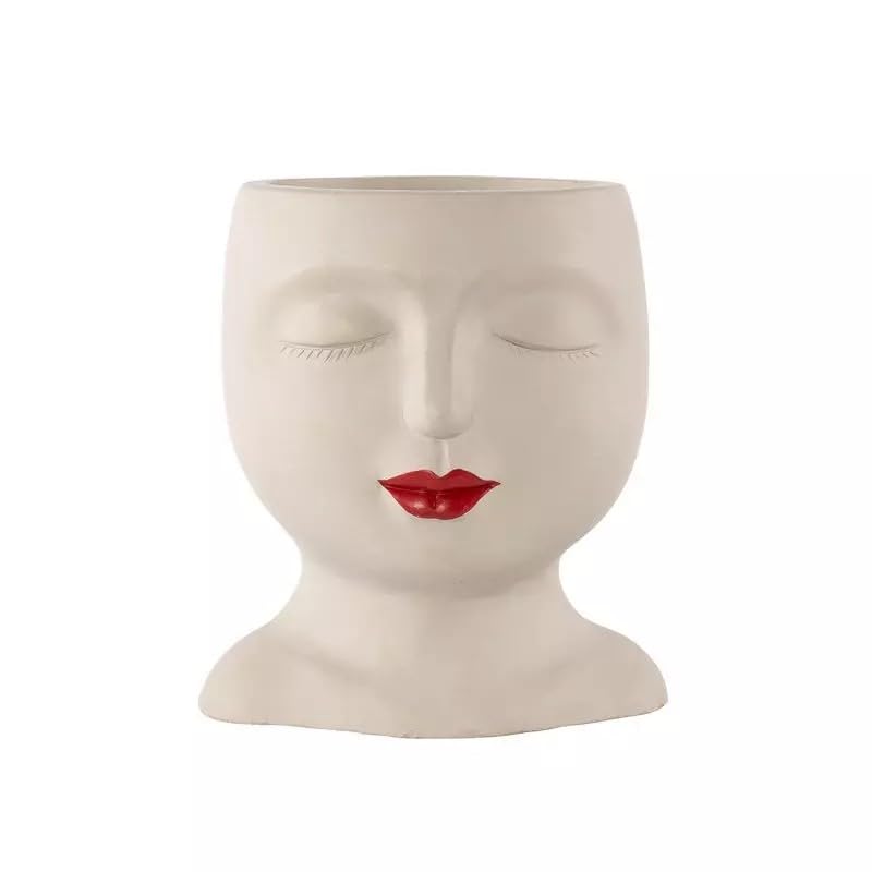 Fyne-Finds Cement White Plant Pot Face Shape Red Lips Indoor 17cm, 7inch Novelty Secculent Cactus Planter Holder Home Decor Gift