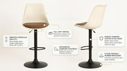 Image of 360 REVOLVING Height Adjustable BAR Stool /Kitchen Chair Suitable for Kitchen, Cafeteria, Dining, Office,Shops (Set of 2) (Cream and Brown)