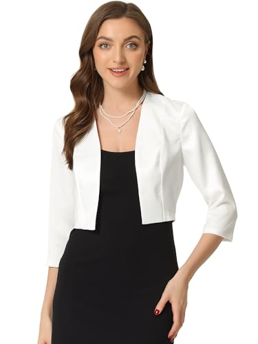 Allegra K Boléro en Satin Femme Élégante pour Mariage à Manches 3/4 Devant Ouvert Veste Courte Chic Boléro de Cérémonie Blanc XL
