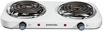 Proctor Silex Burner Electric Countertop Burner Cooktop, Compact and Portable Mini Stove, Adjustable Temperature Double Hot Plate, 1700 Watts, White & Stainless (34116)