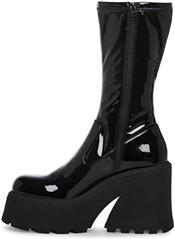 Steve Madden Arrow Black Leather Rounded Toe Chunky Heeled Platform Fashion Boot (Black Patent Leather, 6.5) | Image 1