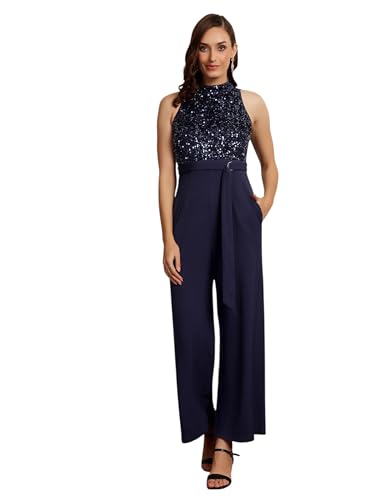 Image of Miss Chase Womens Halter Neck Sleeveless Embellished Regular-Length Jumpsuit