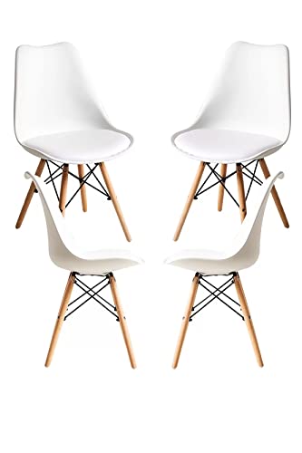 Image of Set of 4 Modern Style Mid Century Modern Dinning Room Cafe Hotel Office Wooden Legs Chair (White with Cushion)