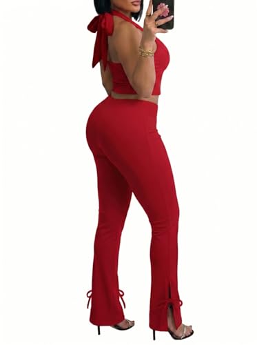 Vssjavun Womens Sexy 2 Piece Sets Party Birthday Outfit Halter Neck Backless Crop Tops and Bodycon Flare Pants Set Going Out Outfits RED L
