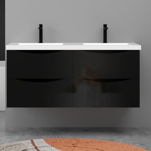 Aica Meuble de Salle de Bain Suspendu 120 cm, 4 tiroirs, avec Vasque, MDF Noir Brillant