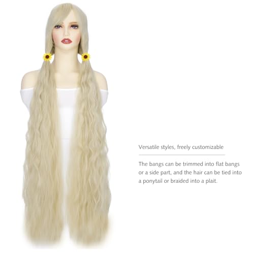 Image of Rose bud Rapunzel Wigs Long Wavy Curly Wig with Fringe Blonde Wigs for Women Cosplay Costume Synthetic 39 inch Lolita Wig