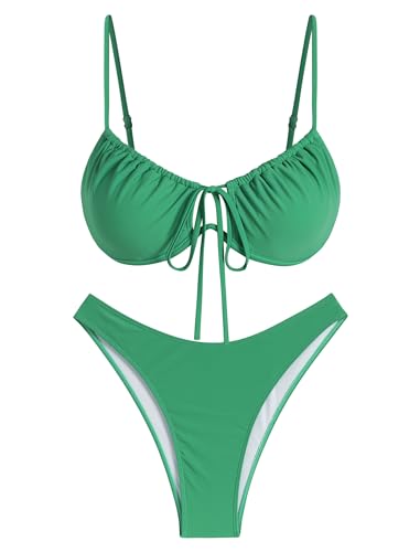 Image of ZAFUL Women High Cut Bikini Sets String Sexy Swimsuit Two Piece Underwire Bathing Suit Brazilian Cheeky Cut Out Cute Swimwear