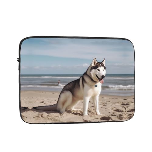 Funda para laptop 12 pulgadas con diseño Husky en la playa miniatura 1
