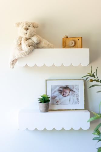 Image of Oscar Bee White Floating Cloud Shelves | Set of 2 Wooden White Scalloped Wall Shelf | Pre-Assembled Nursery Book Shelves for Baby | Scalloped Shelves | Nursery Shelves for Wall, Display, & Playroom