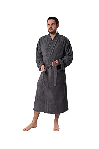 BAGNO MILANO Organic Men Bathrobe GOTS Certified Organic Turkish Cotton Luxury Kimono Robe Made in Turkey (US Alpha Small Medium Regular Regular Grey)