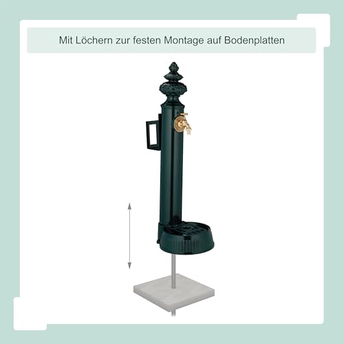 Relaxdays Standbrunnen antik, Wasserhahn & Becken, HxBxT: 87x26x43 cm, Wasserzapfsäule mit Schlauchhalter, Garten, grün