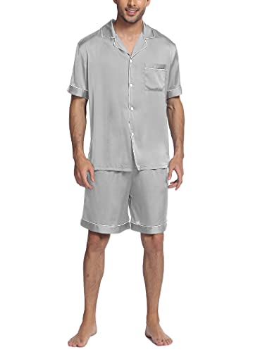 Image of Ekouaer Mens Satin Pajamas Set Button-Down Short Sleeve Shirt Top Soft Silk Sleepwear Shorts with Pockets