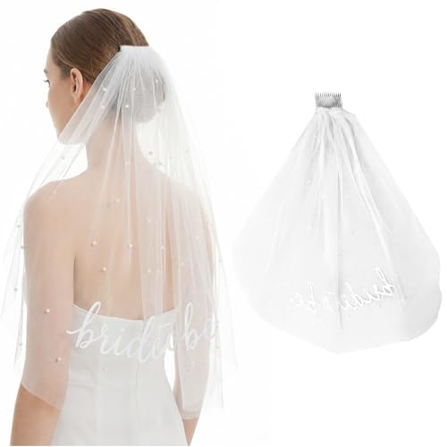 Merzio Bride to Be Veil Pearl Bridal Veil White Short Wedding Veil for Bachelorette Party Hen Do Veil Bridal Gifts for the Bride