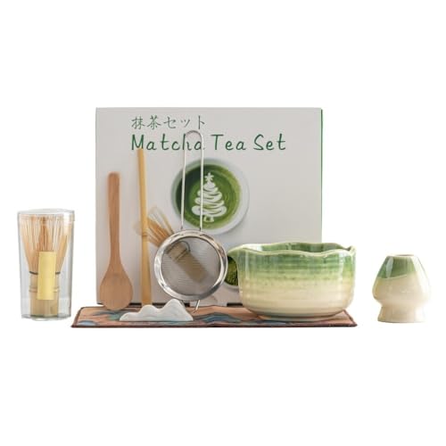 Angoda抹茶茶道セット、初心者向けの8点セット、抹茶碗、茶筅、茶杓、茶こし、茶杓立て、茶巾、茶道具、道具セットを含む (?1,8個セット)
