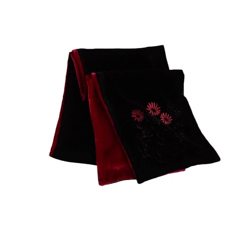 Double - Layer Silk Base Velvet Oblong Scarf, Embroidery, Black and Red