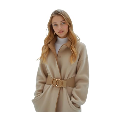 Women Beige Taupe Elastic Fashion Belt - Hip High Waist Big Circle Metal Buckles S M z0132